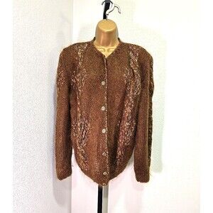 Vtg Hand Knit Italian Mohair Wool Brown Cardigan Sweater Womens XL Embroidered